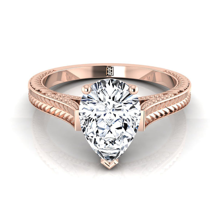 Hand-Engraved Vintage Cathedral Solitaire Pear Shape, in 14K Rose Gold, prong setting | RockHer