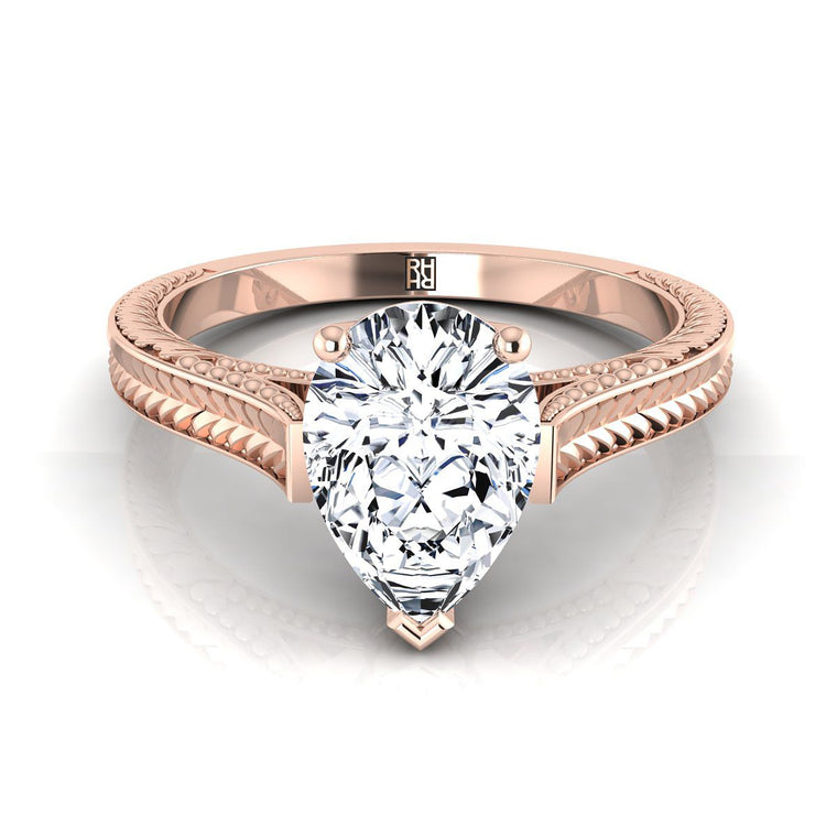 The Aida Hand Engraved Vintage Cathedral Solitaire Pear Engagement Ring Setting in 14K Rose Gold