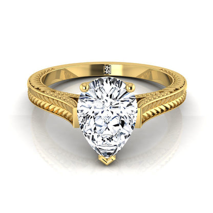 Hand-Engraved Vintage Cathedral Solitaire Pear Shape, in 18K Yellow Gold, prong setting | RockHer