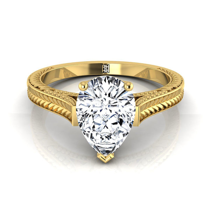 Hand-Engraved Vintage Cathedral Solitaire Pear Shape, in 18K Yellow Gold, prong setting | RockHer