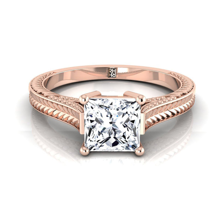 Hand-Engraved Vintage Cathedral Solitaire Princess, in 14K Rose Gold, prong setting | RockHer