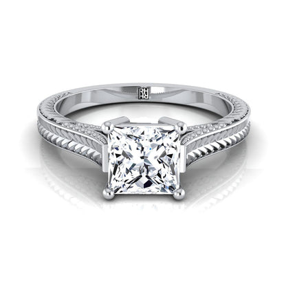 Hand-Engraved Vintage Cathedral Solitaire Princess, in Platinum, prong setting | RockHer