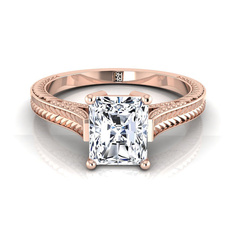 The Aida Hand Engraved Vintage Cathedral Solitaire Radiant Cut Engagement Ring Setting in 14K Rose Gold