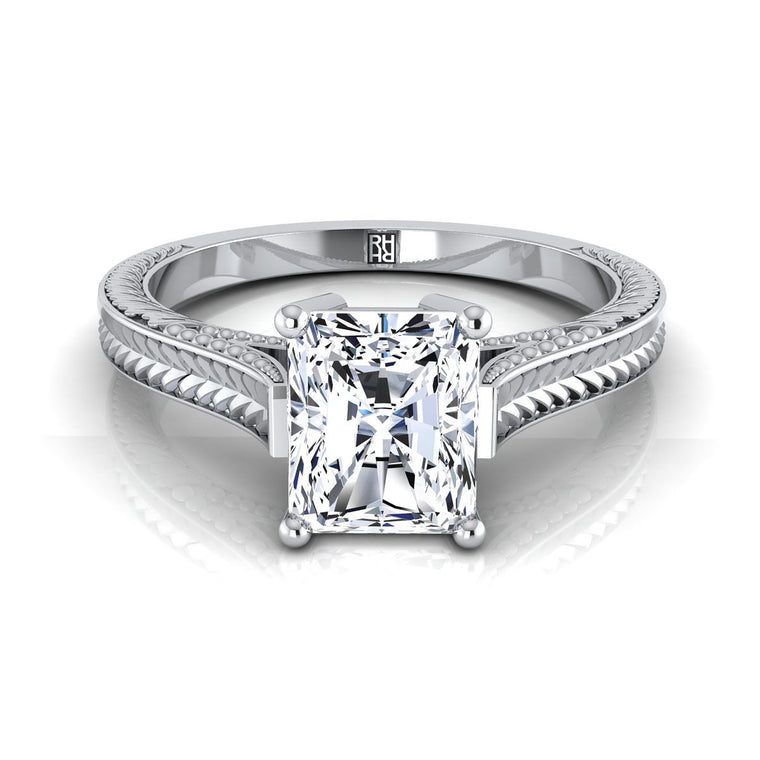 The Aida Hand Engraved Vintage Cathedral Solitaire Radiant Cut Engagement Ring Setting in Platinum