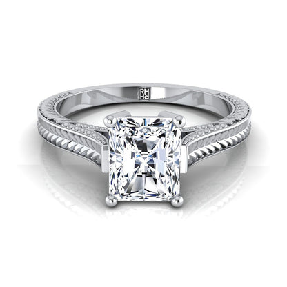 Hand-Engraved Vintage Cathedral Solitaire Radiant, in 18K White Gold, prong setting | RockHer