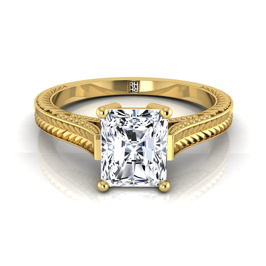 14K Yellow Gold Radiant Cut Center  Hand Engraved Vintage Cathedral Style Solitaire Engagement Ring