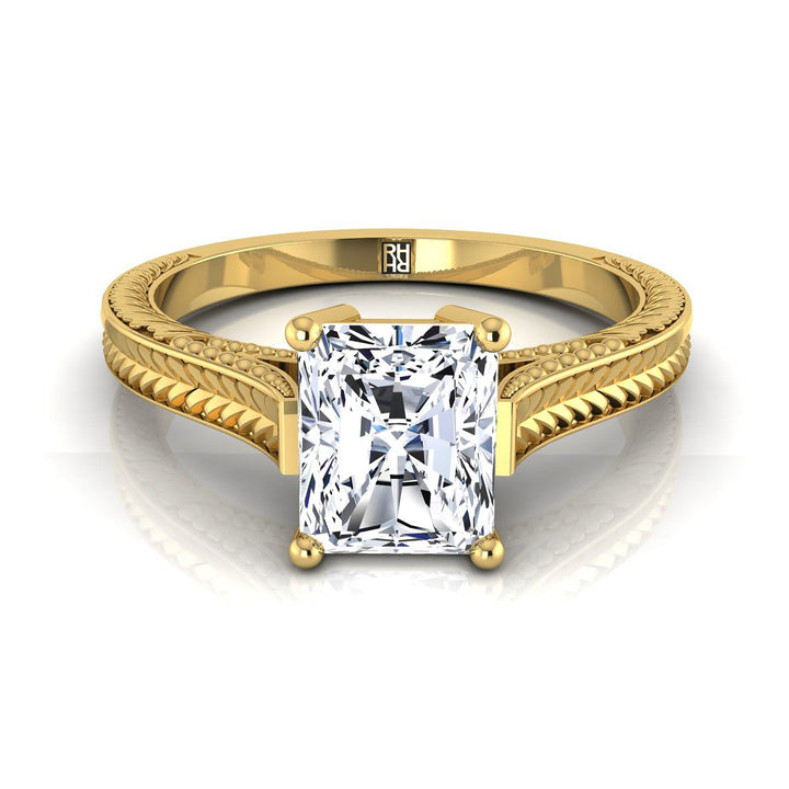 Hand-Engraved Vintage Cathedral Solitaire Radiant, in 18K Yellow Gold, prong setting | RockHer