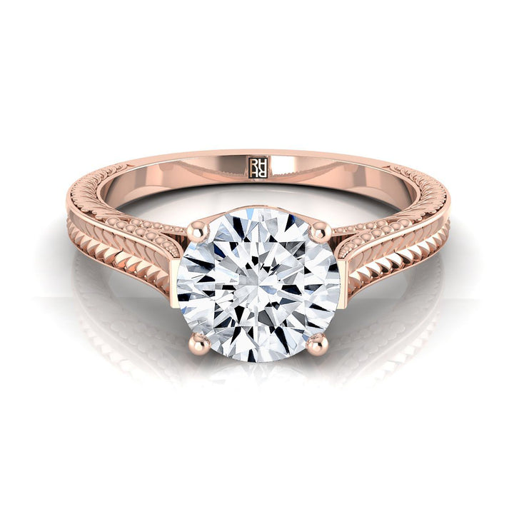 Round Brilliant, Hand-Engraved Vintage Cathedral Solitaire, in 14K Rose Gold, prong setting | RockHer