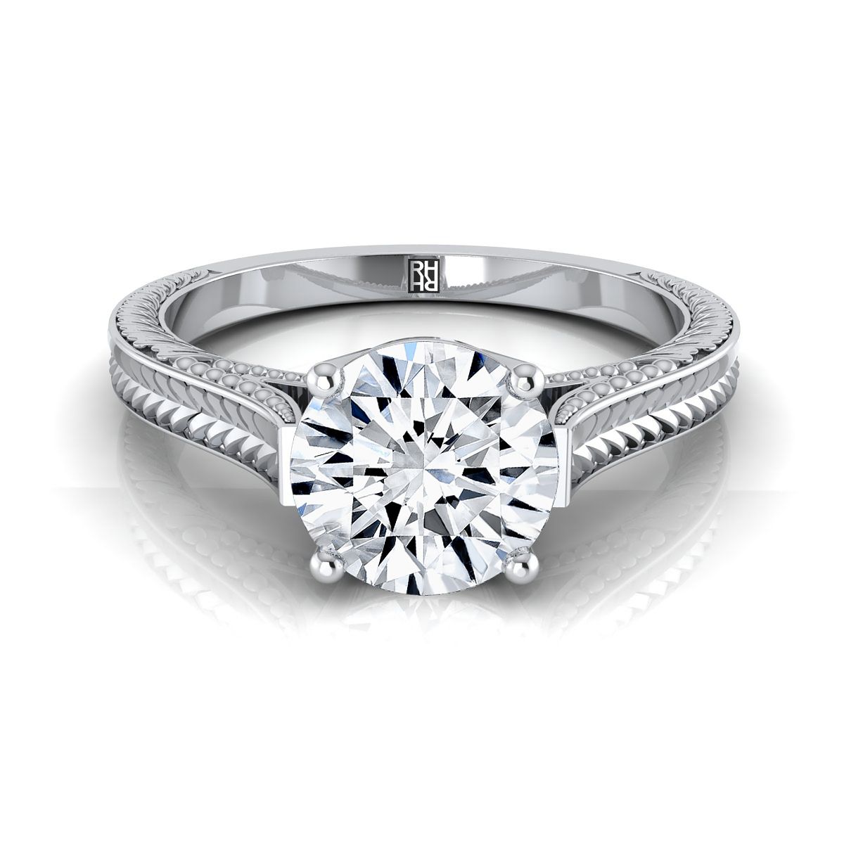 The Aida hand engraved vintage cathedral solitaire engagement ring setting, shown in 18K White Gold | RockHer