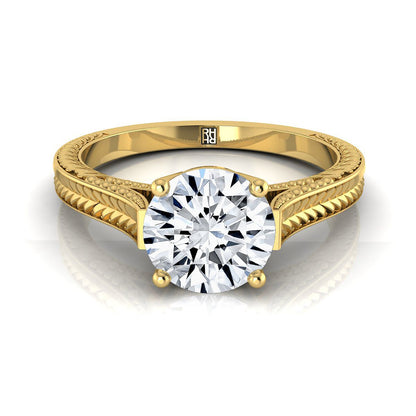 Round Brilliant, Hand-Engraved Vintage Cathedral Solitaire, in 18K Yellow Gold, prong setting | RockHer
