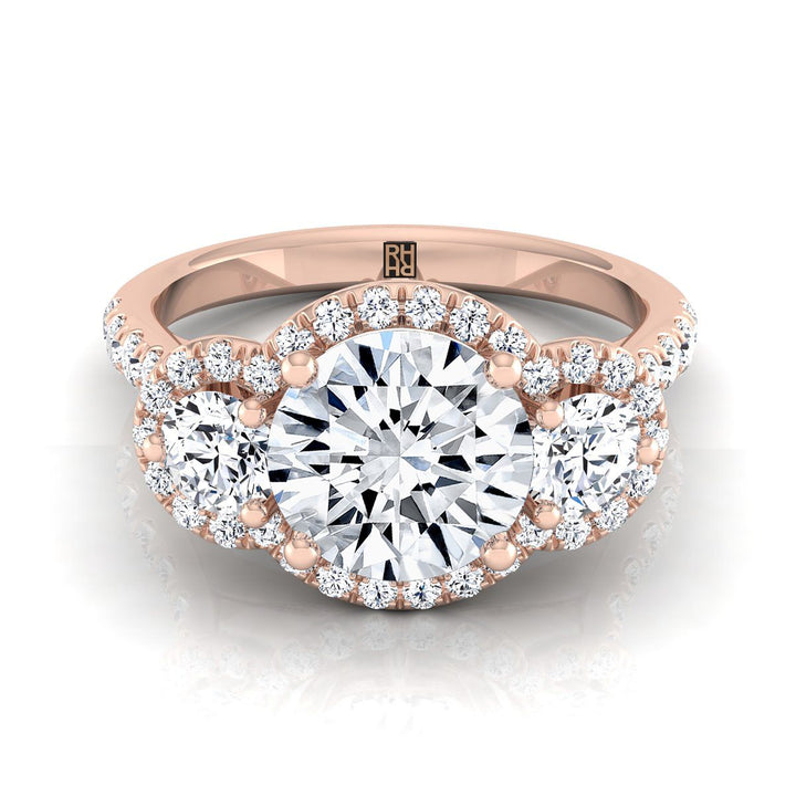 Round Brilliant, Three Stone Halo, in 14K Rose Gold, pave setting – view 8 | RockHer
