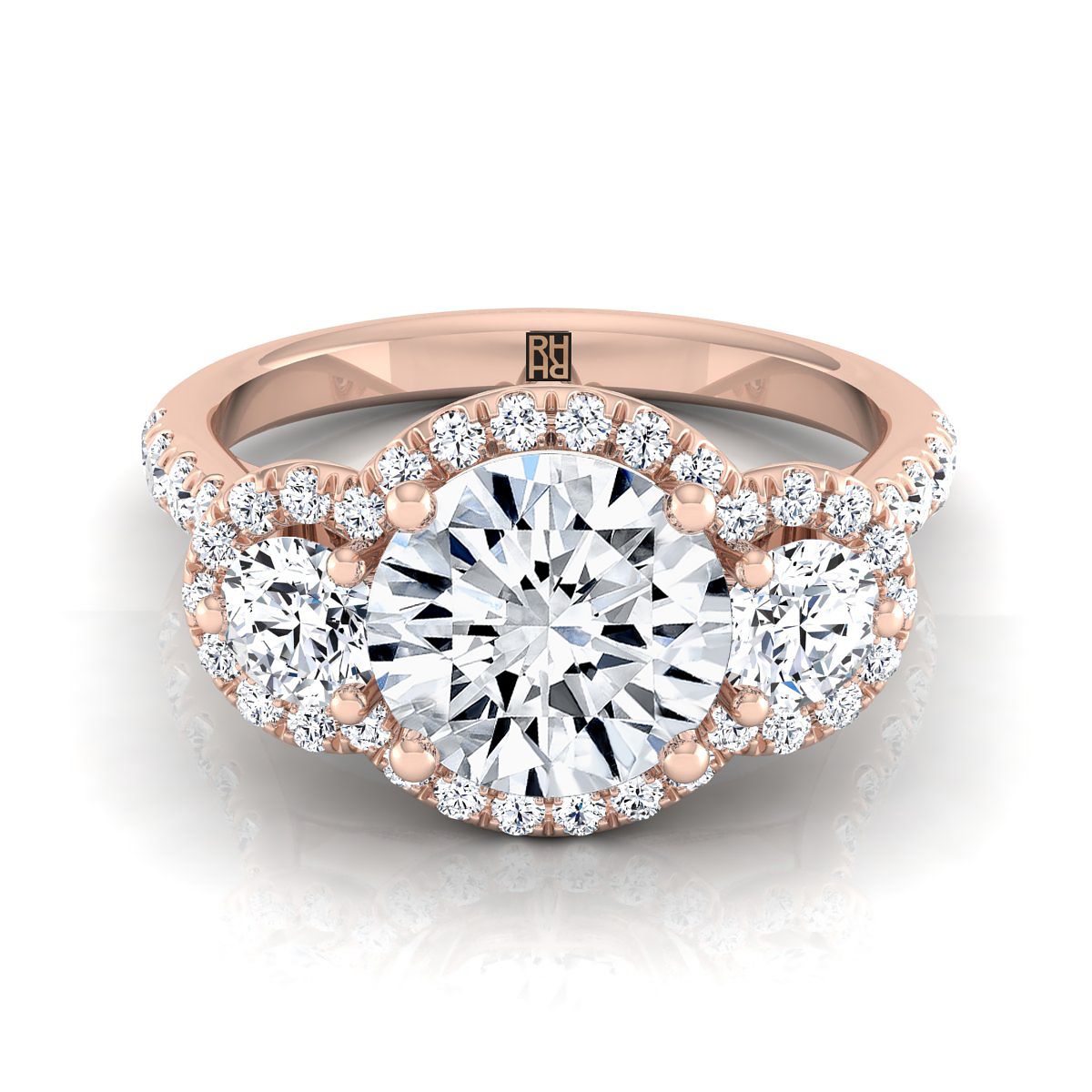 Andrea Select Three Stone Halo Round Lab Diamond Engagement Ring in 14K Rose Gold | RockHer