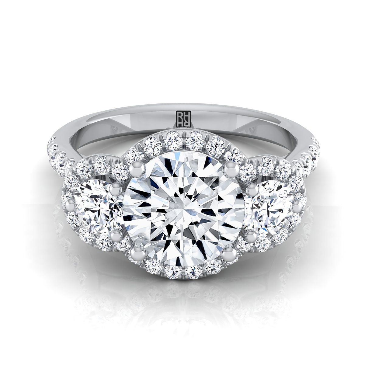 Andrea Select Three Stone Halo Round Lab Diamond Engagement Ring in Platinum | RockHer