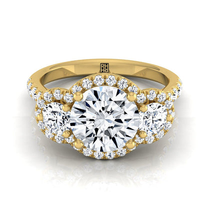 Round Brilliant, Three Stone Halo, in 18K Yellow Gold, pave setting – view 8 | RockHer