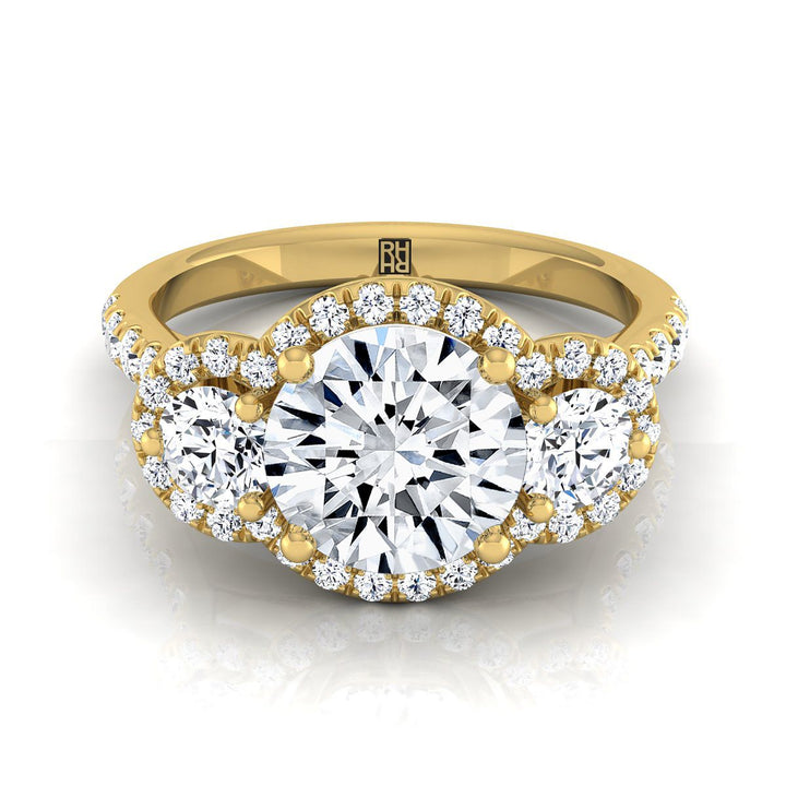 Andrea Select Three Stone Halo Round Lab Diamond Engagement Ring in 14K Yellow Gold | RockHer
