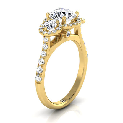 Round Brilliant, Three Stone Halo, in 18K Yellow Gold, pave setting – view 9 | RockHer