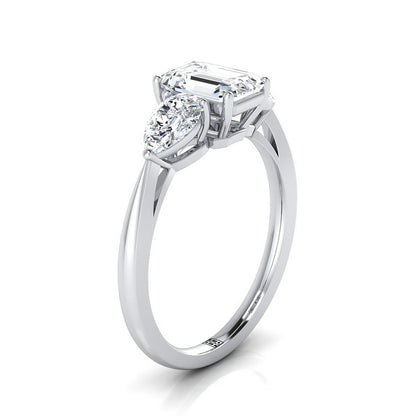 European Cut, Three Stone Matched Shape Emerald, in 18K White Gold, prong setting – side profile | RockHer