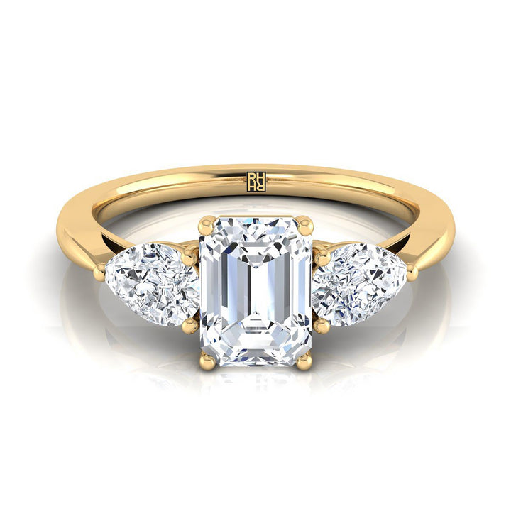 European Cut, Three Stone Matched Shape Emerald, in 18K Yellow Gold, prong setting | RockHer