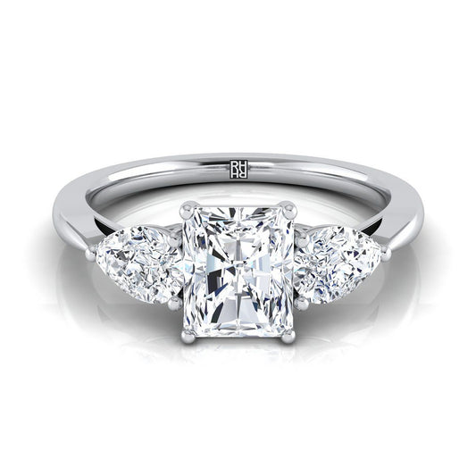 14K White Gold Radiant Cut Center Diamond Perfectly Matched Pear Shaped Three Diamond Engagement Ring -7/8ctw