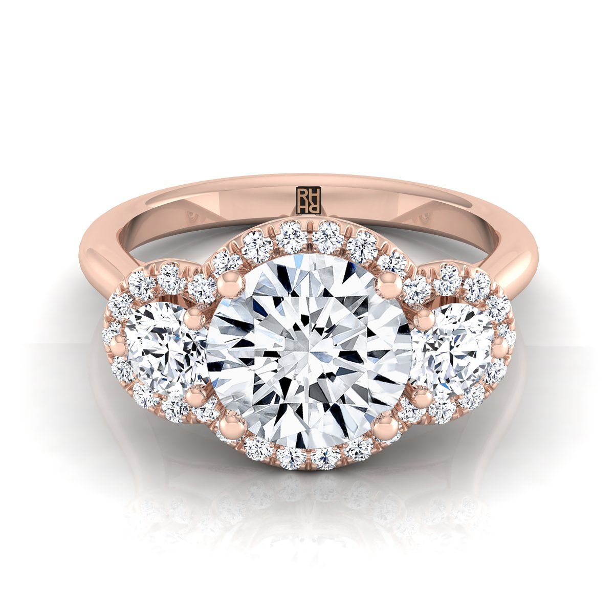Anna Select Three Stone Halo Round Lab Diamond Engagement Ring in 14K Rose Gold | RockHer