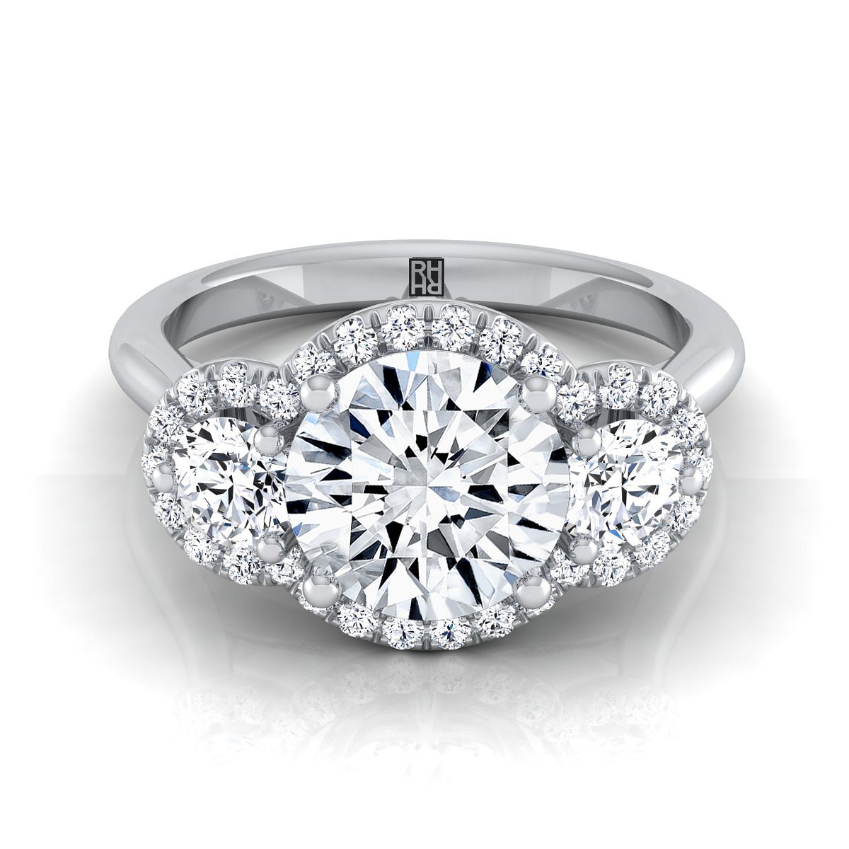 Anna Select Three Stone Halo Round Lab Diamond Engagement Ring in Platinum | RockHer