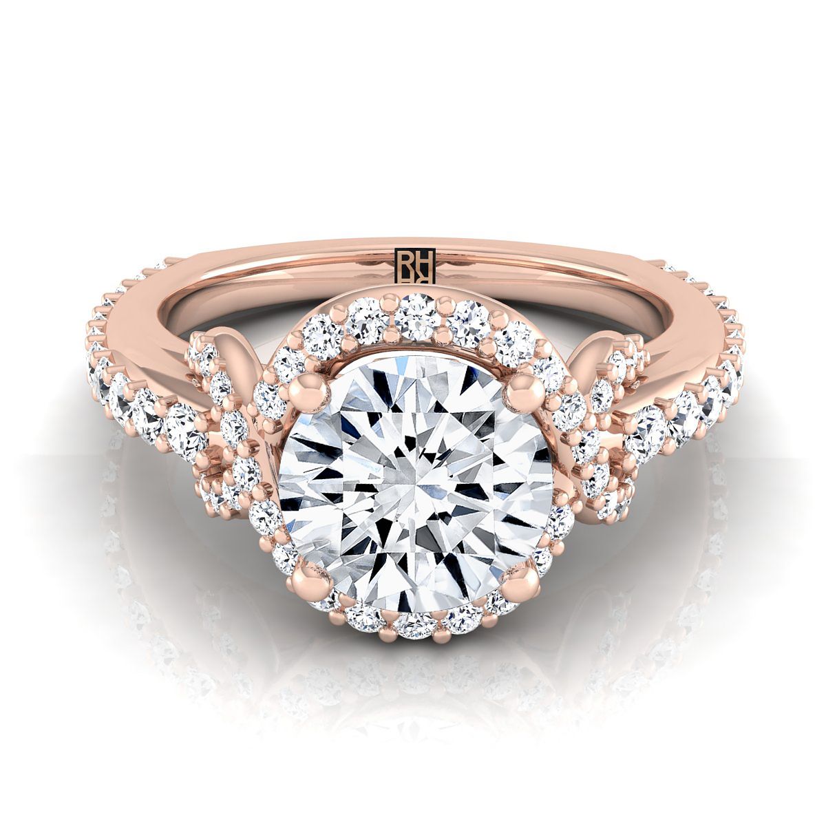 Bess Select Love Knot Pavé Halo Round Lab Diamond Engagement Ring in 14K Rose Gold | RockHer