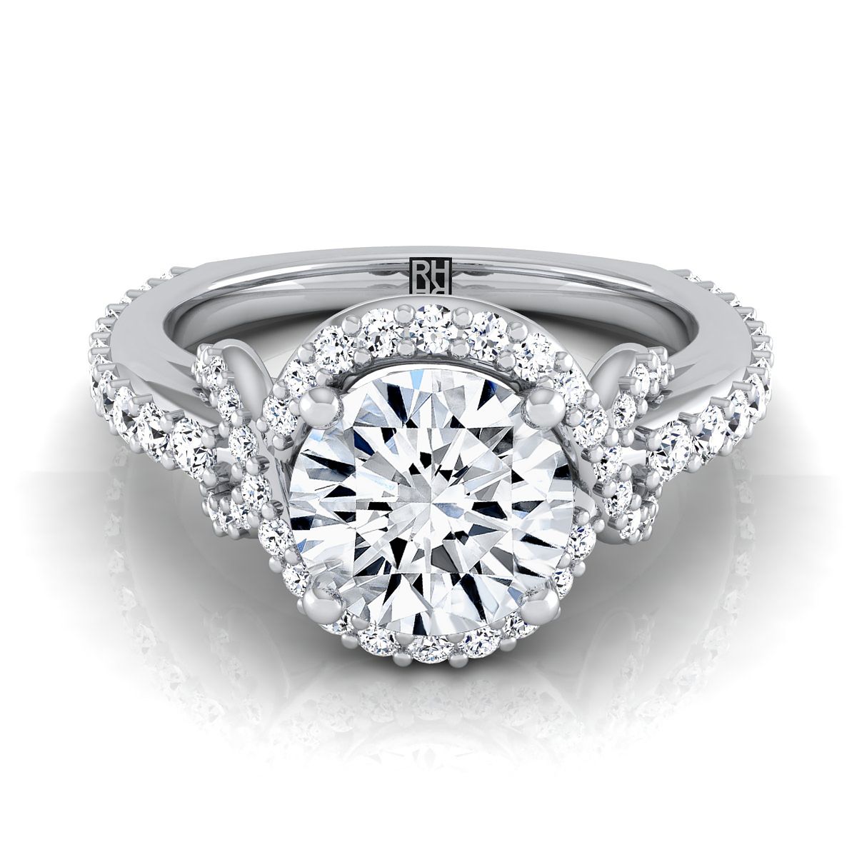 The Bess round setting in 18K White Gold, a select love knot pavé halo design from RockHer