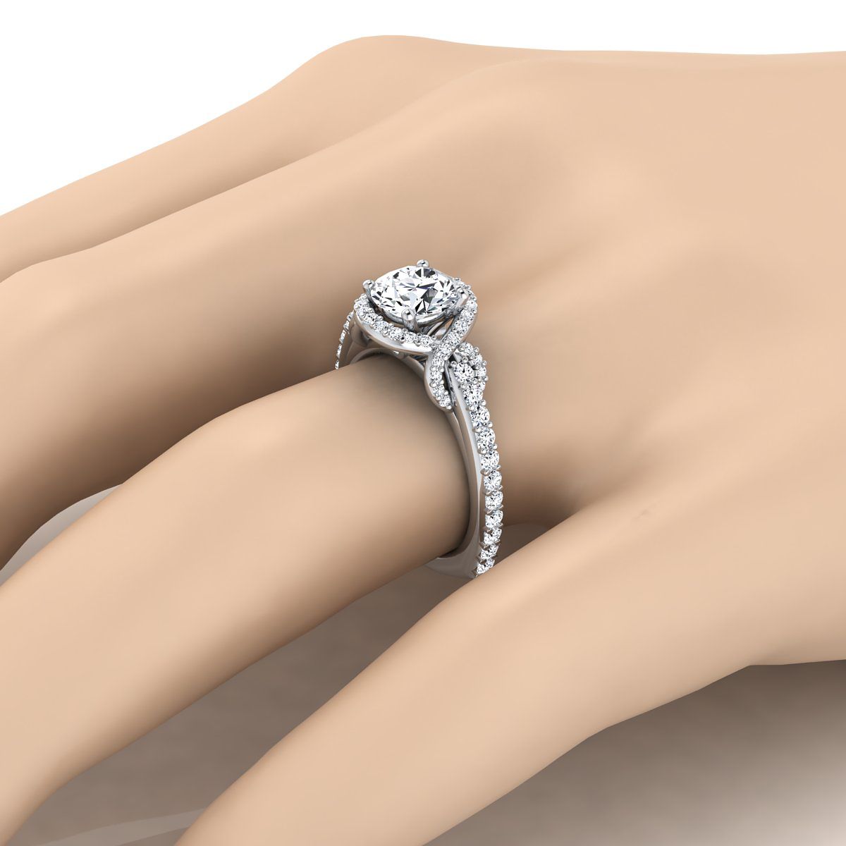 The Bess engagement ring setting, select love knot pavé halo, round, 18K White Gold | RockHer