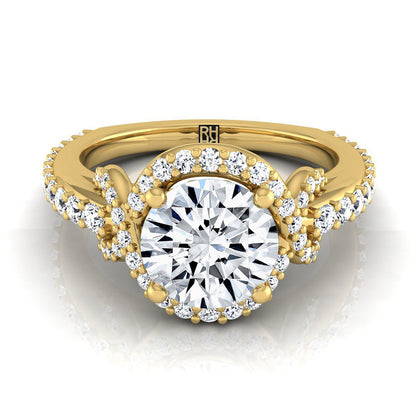 Round Brilliant, Love Knot Pavé Halo, in 18K Yellow Gold, pave setting – view 8 | RockHer