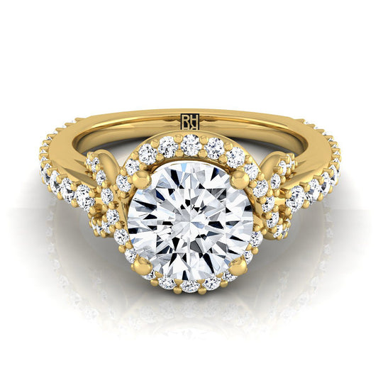 18K Yellow Gold Round Brilliant Diamond French Pave Graceful Love Knot Engagement Ring -5/8ctw