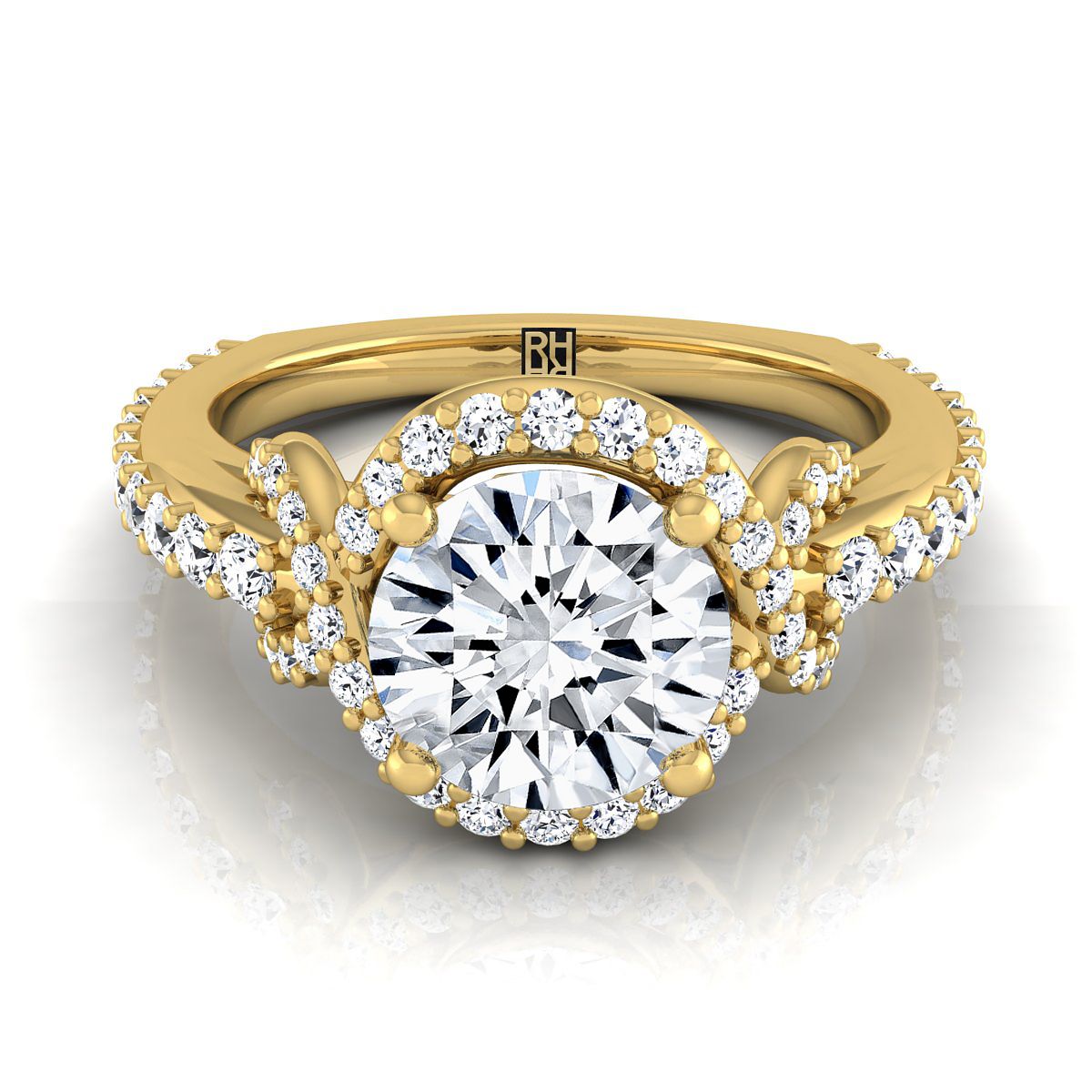 Bess Select Love Knot Pavé Halo Round Lab Diamond Engagement Ring in 18K Yellow Gold | RockHer