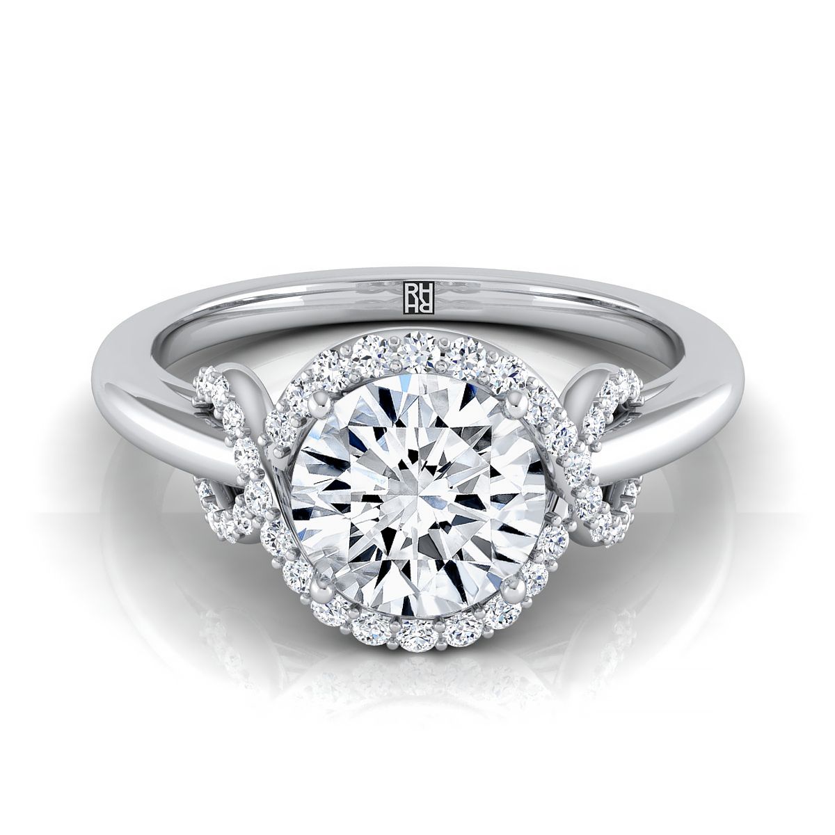 Calista Select Love Knot Halo Round Lab Diamond Engagement Ring in Platinum | RockHer