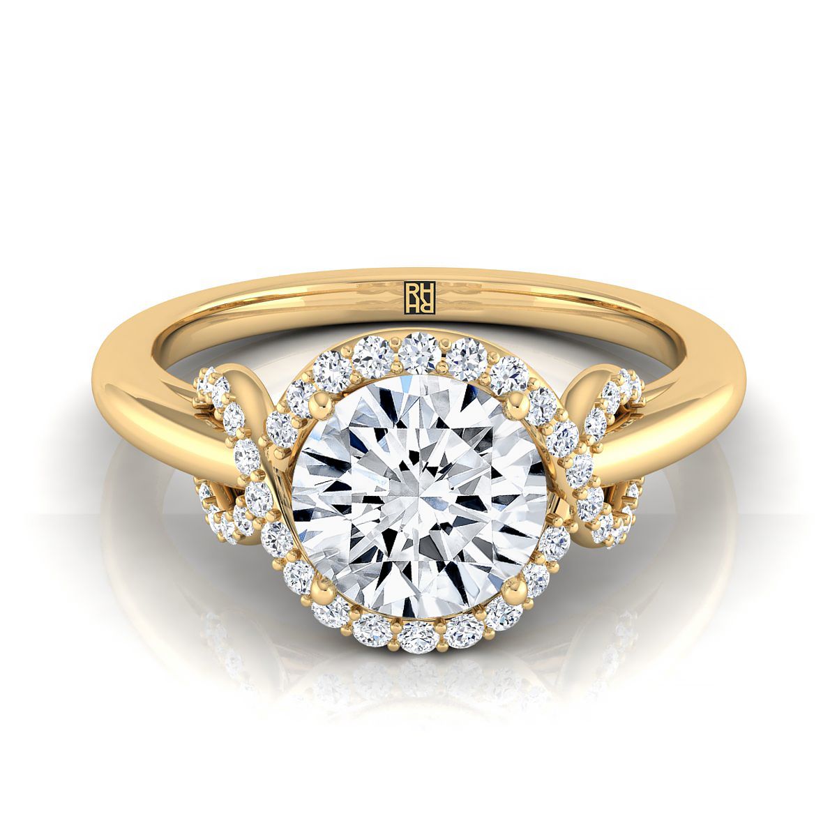 The Calista round setting in 18K Yellow Gold, a select love knot halo design from RockHer