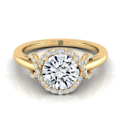 Calista Select love knot halo round ring in 18K Yellow Gold — view — RockHer
