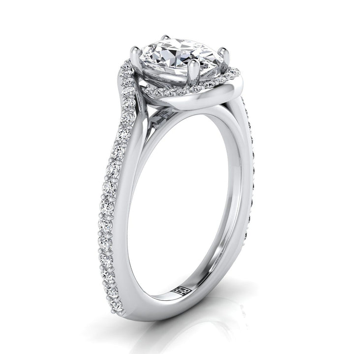 Platinum Oval Diamond Pave Halo Twist Swirl Engagement Ring -1/2ctw