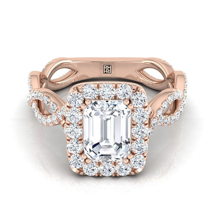 European Cut, Ribbon Twist Pavé Halo Emerald, in 14K Rose Gold, pave setting – view 8 | RockHer