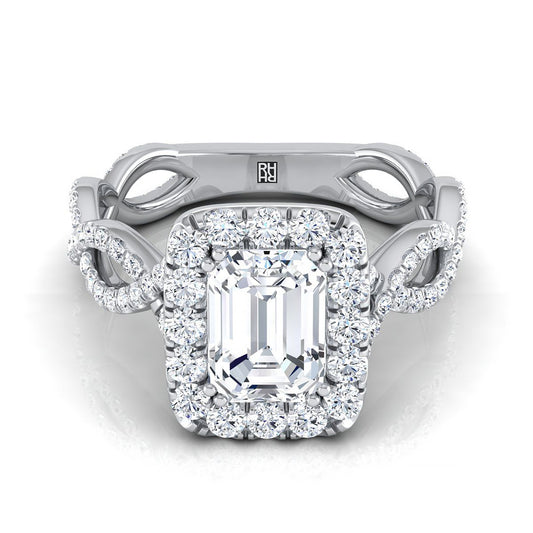 Platinum Emerald Cut Diamond Ribbon Twist French Pave Halo Engagement Ring -3/4ctw