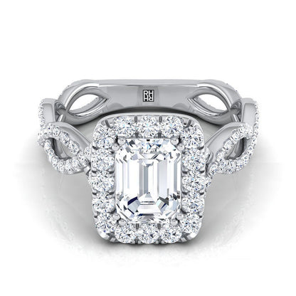 European Cut, Ribbon Twist Pavé Halo Emerald, in 18K White Gold, pave setting – view 8 | RockHer