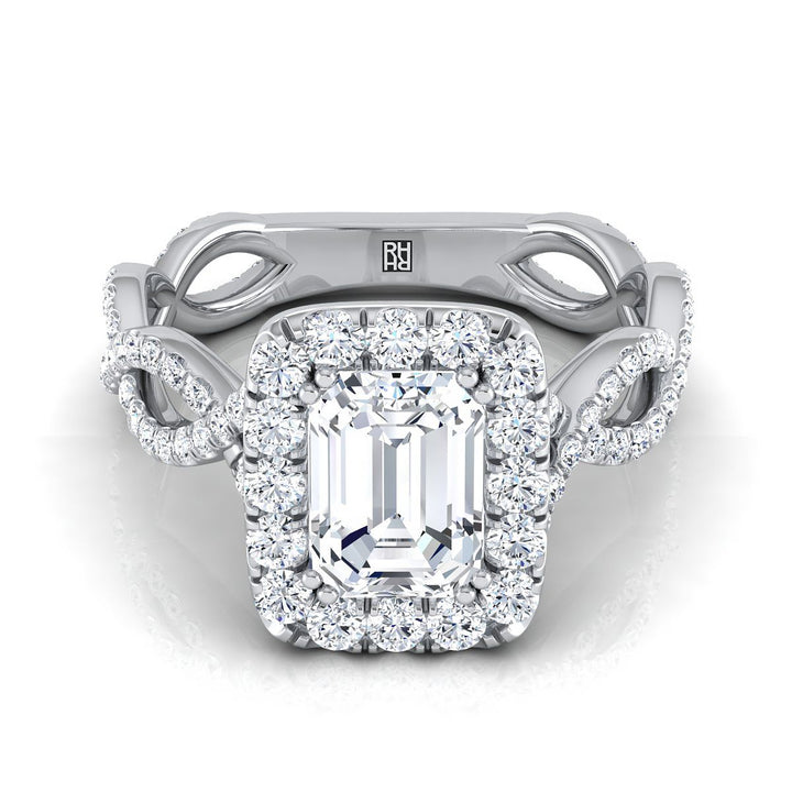 European Cut, Ribbon Twist Pavé Halo Emerald, in 18K White Gold, pave setting – view 8 | RockHer