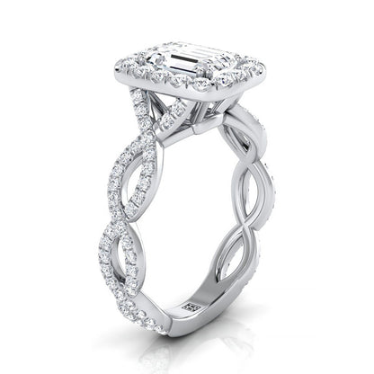 European Cut, Ribbon Twist Pavé Halo Emerald, in 18K White Gold, pave setting – view 9 | RockHer