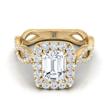 European Cut, Ribbon Twist Pavé Halo Emerald, in 18K Yellow Gold, pave setting – view 8 | RockHer