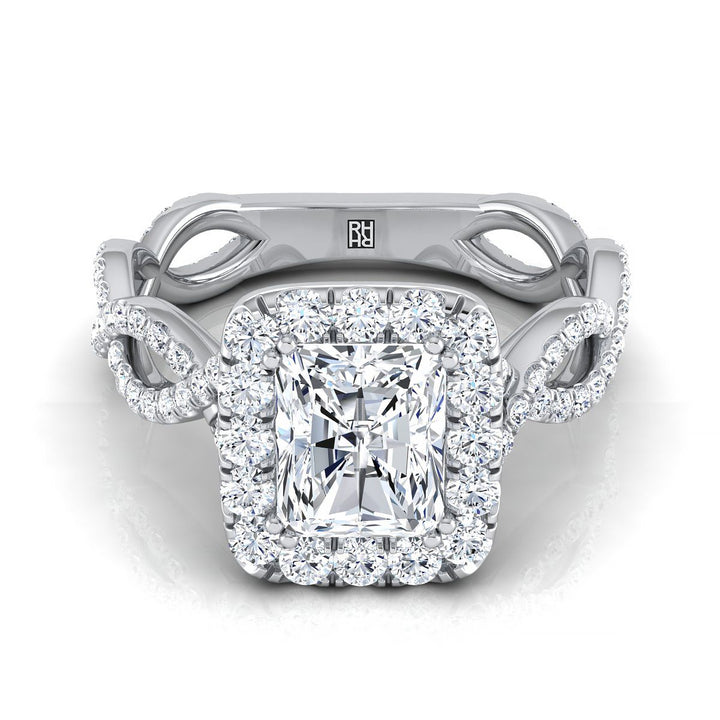 Ribbon Twist Pavé Halo Radiant, in 18K White Gold, pave setting | RockHer