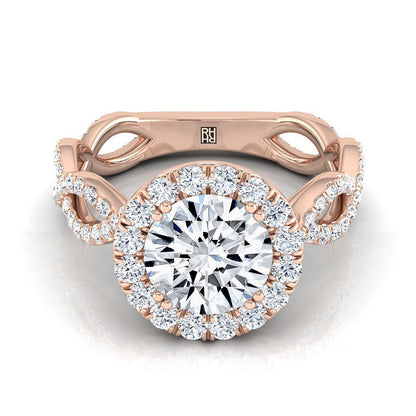 Round Brilliant, Ribbon Twist Pavé Halo, in 14K Rose Gold, pave setting | RockHer