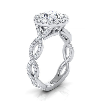 Round Brilliant, Ribbon Twist Pavé Halo, in 18K White Gold, pave setting – side profile | RockHer