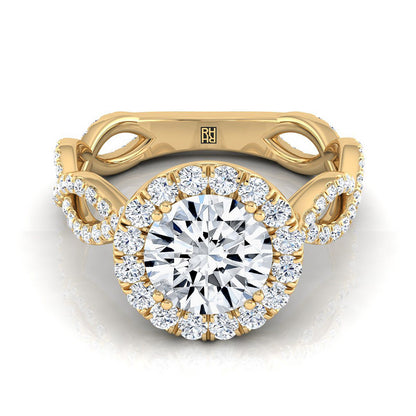 Round Brilliant, Ribbon Twist Pavé Halo, in 18K Yellow Gold, pave setting | RockHer