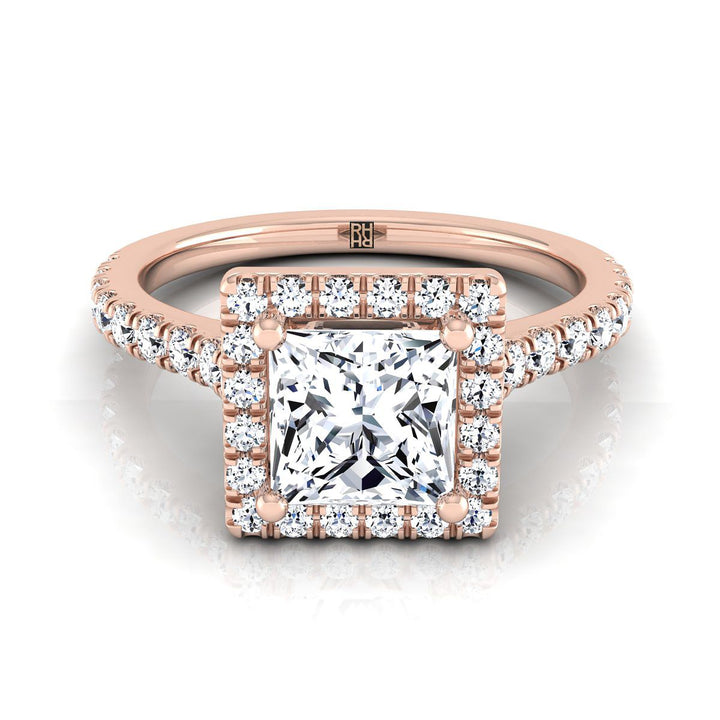 Shared Prong Pavé Halo Princess, in 14K Rose Gold, pave setting | RockHer