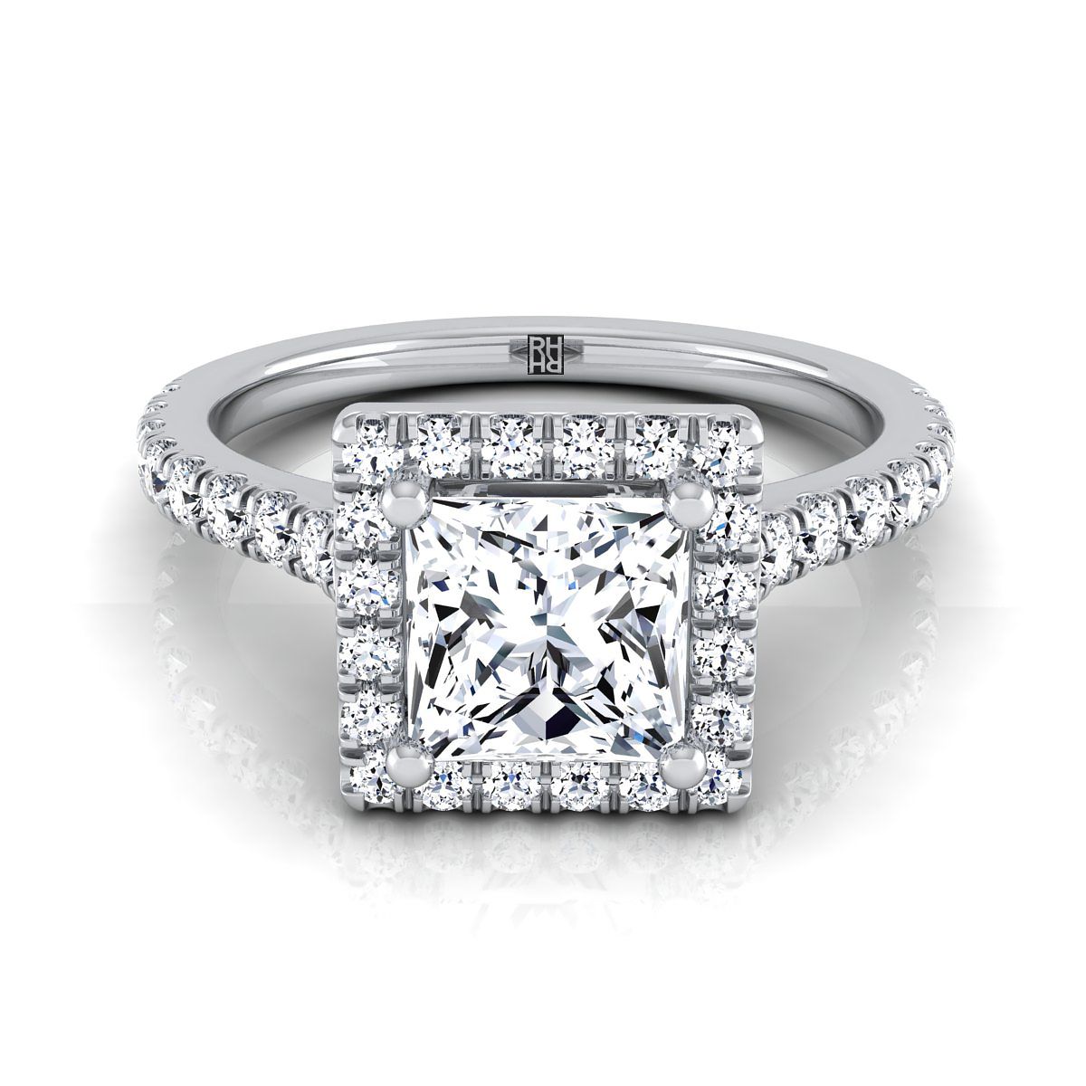 Allegra Select Pav Halo Princess Cut Lab Diamond Engagement Ring in 18K White Gold | RockHer