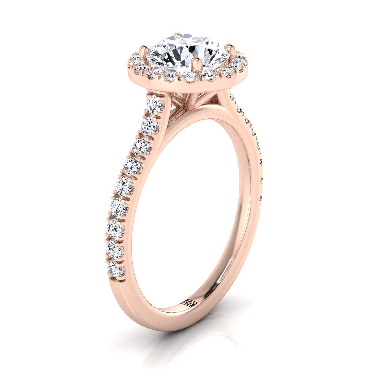 14K Rose Gold Round Brilliant Diamond Shared Prong Halo with French Pave Engagement Ring -3/8ctw