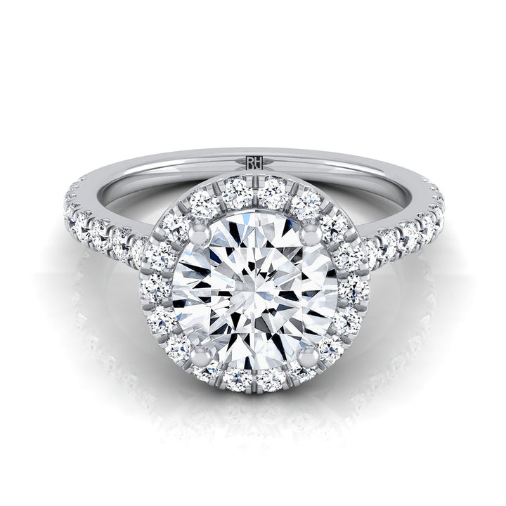 Round Brilliant, Shared Prong Pavé Halo, in Platinum, pave setting | RockHer