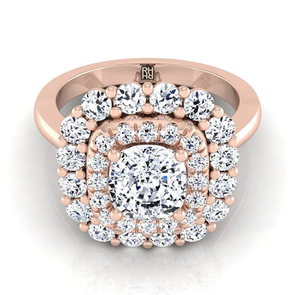 Double Halo Sunburst Cushion, in 14K Rose Gold, pave setting | RockHer
